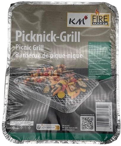 KM Firemaker Barbacoa desechable – Paquete de 1 – Con 450 g de carbón vegetal y papel de encendido – Listo para empezar de inmediato para picnic, camping y barbacoas – Barbacoa de picnic instantánea
