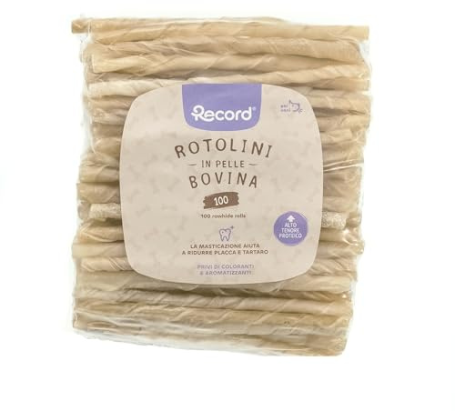 Record 100 bastoncini per cani fini. Rotolini per Cani in Pelle Bovina. Masticativi per Cani, Confezione da 100pz in plastica termoretratta. Lunghezza 13cm e 4g di peso cadauno cani di taglia piccola.