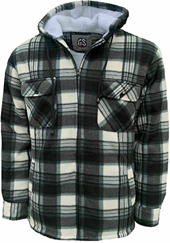 Mens Padded Shirts Lumberjack Hooded Flannel Check Jacket Thick Quilted Work Wear Warm Thermal Fleece Fur Lined Top Casual Coat Size M-XXL (Medium, Grey)