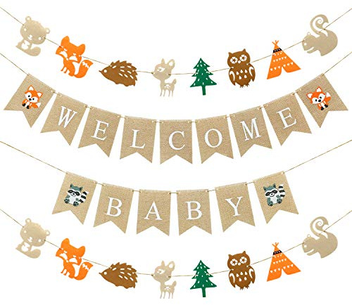 Decoraciones de Baby Shower de Madera Banners de Baby Shower de Bebé Niño de Madera, 1 Banner Welcome Baby, 2 Banners de Criaturas de Madera Guirnalda de amigos de animales Bosque Zorro Ciervo