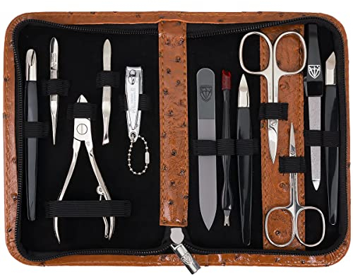 DREI SCHWERTER - 12-tlg. Nagel Set 'Palermo' | Hochwertiges Maniküre & Pediküre Nagel-Etui: Farbe: Kunst Leder Strauss-Cognac | Inhalt: 12 Instrumente inkl. Nagelschere, Nagelknipser, Glasfeile etc.