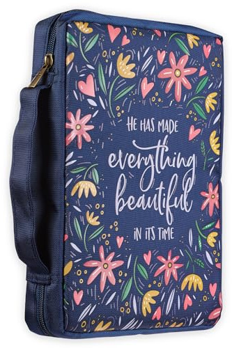 Christian Art Gifts Men/Women's Bible Cover Everything Beautiful Ecclesiastes 3:11, Blue Floral Canvas, Large