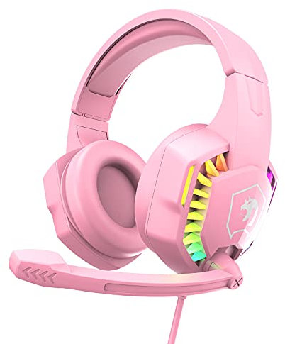 RGB Gaming Headset, 5.1 Channel Stereo Surround Sound, 3.5mm Wired LED Over-Ear Comfort Headphone with Noise Cancelling Mic & In-line Volume Control for PC Xbox One PS4 Laptop Mac Smart Phone (Pink)