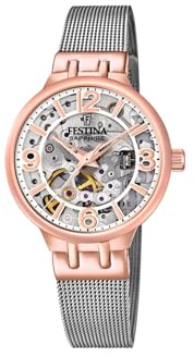 Festina Montre Automatique Femme Acier Inoxydable 316L Argenté - Montres Femme - Verre Saphir Haute Résistance - Étanche 5 ATM F20581/1