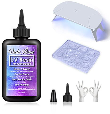 VidaRosa UV-Harz, 100 g, schnellste Aushärtung, hart, kristallklar, mit UV-Lampe und Schmuckform, UV-Harz-Starter-Set für Kleber/Schmuckherstellung/Handwerk DIY