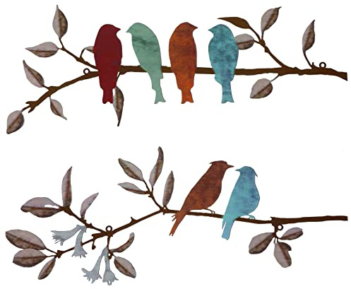 Demissle 2 piezas de pájaros de metal para decoración de pared, pájaros vivos en rama con hojas, decoración de pared rústica, escultura de metal impermeable, letrero colgante para el hogar, balcón