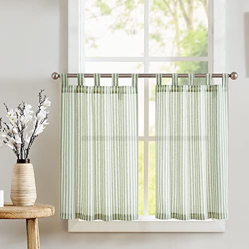 TOPICK Rideaux Cuisine Court Brise Bise Petit Rideau, mélange de Lin, Rayés Vert sur Beige 65 x 60 cm(LxH) Lot de 2 a Pattes, Semi-Transparentes pour Placard Salon Chambre sous Evier Salle