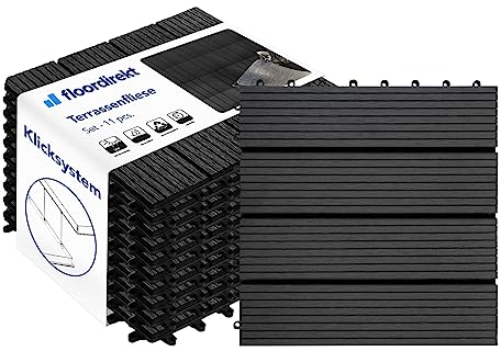 Floordirekt | Royal | Caillebotis Emboîtables - Dalles en Composite Plastique Imitation Bois | Qualité Supérieure | Idéales sol Extérieur, Terrasse, Balcon | Anthracite, 1m² | 30 x 30 cm