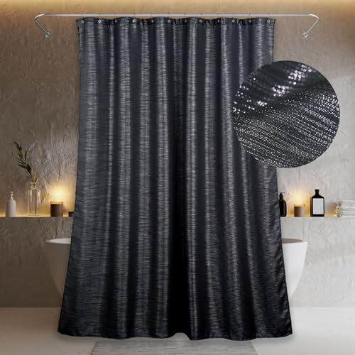 Black Glitter Shower Curtain: Silver Sparkle Bling Shiny Metallic Shimmer Shower Curtain for Bathroom - Anti Mould Water Repellent Washable Polyester Shower Curtain for Wet Room - 183 x 183cm Drop