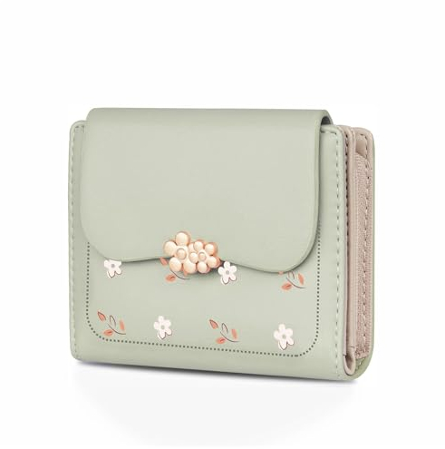 Yupneih Blumen Geldbörse Damen klein, Damen Portemonnaie klein für Frauen mit Großes Münzfach, Mini Portemonnaie Damen klein Zipper Brieftasche (Grün)
