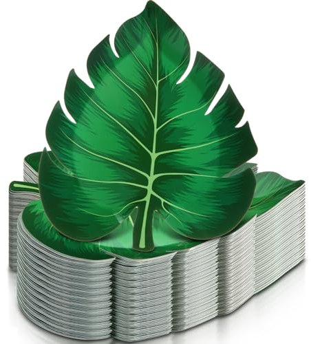 Motipuns 100 Pcs Hawaiian Turtle Leaf Paper Plates Tropical Palm Leaves Disposable Plates Jungle Party Decorations for Luau Beach Birthday Summer Picnic Supplies 9 Inch(Palm Leaves)