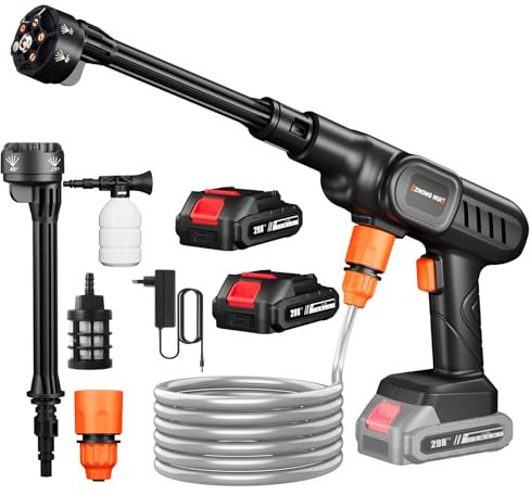 Purova Rondella ad alta pressione con batteria, 21 V, max 60 bar, idropulitrice con pistola Press & Clean, tubo da 5 m, ugello regolabile 6 in 1, brocca di schiuma (con 2 batterie da 4000 mAh)