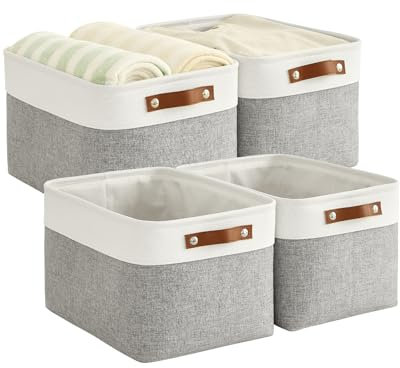 Bagnizer Foldable Storage Baskets for Shelves Closet 4PCS Fabric Small Organizer Box Bins with Handles Waterproof Canvas Box for Clothes, Pet Toys, Office Products 30x20x15CM Grey & White