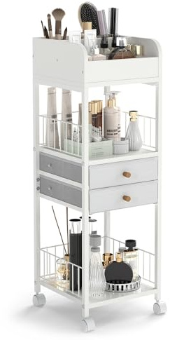 COSTWAY Makeup förvaringsvagn, kosmetisk arrangör med lådor och hjul och förvaringsytor, universalvagn för hudvård, nagellack, parfym, vit 30 x 30 x 90 cm
