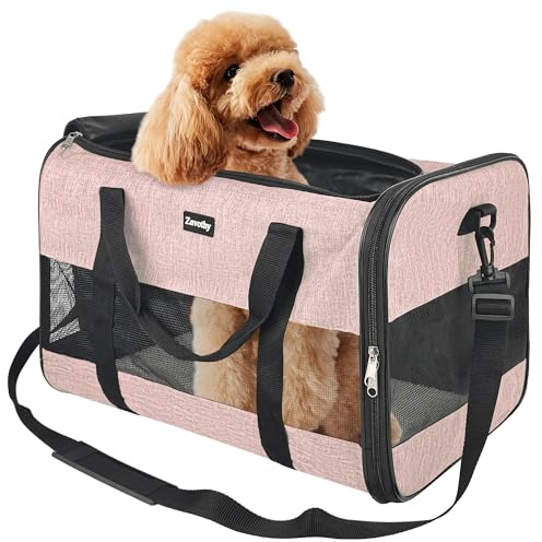 Zavothy Sac de transport pour chats et chiens, sac de transport, respirant et pliable, boîte de transport pour chats avec sangle d'épaule réglable, matelas en peluche amovible (Rose clair, L)