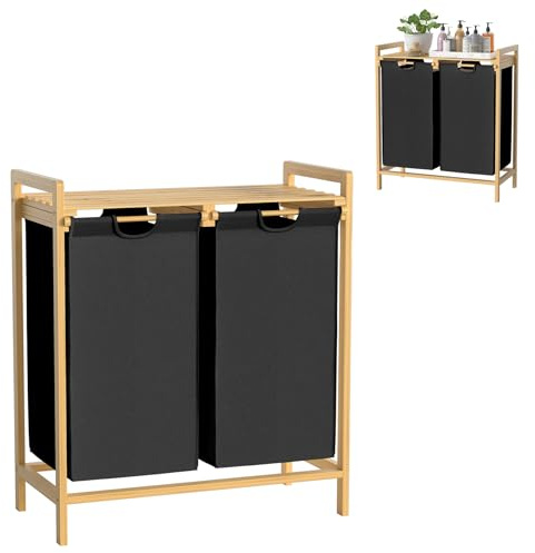 UISEBRT Cesta de ropa sucia de bambú con 2 compartimentos, clasificador de ropa de 72L de tela Oxford, sistema de clasificación de ropa desmontable y lavable, 73x64x33,5cm, Negro