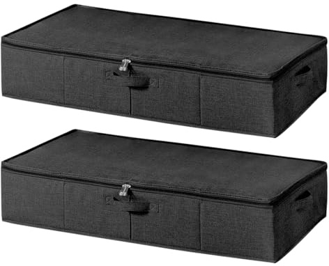 Lot de 2 boîtes de rangement sous le lit avec couvercle, grande commode sous le lit avec poignée, sac de rangement pliable pour couettes, linge de lit, 85 x 12 x 40 cm (noir)