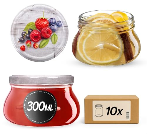 KADAX syltburkar 300 ml med fi82 mm skruvlock, små konserveringsburkar för honung och kryddor, syltburkar med lock, lufttäta burkar att ge bort (hallon, 10 stycken)