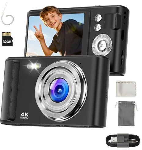 Digitalkamera 4K 48MP - Digital Kamera mit 16X Digitalzoom für Kinder - Autofokus Kompaktkamera Mini- Fotoapparat mit 32GB Karte - Fotokamera mit 1000mAh Akku - Digital Camera Schwarz für Teenager