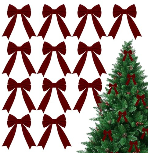 Weinrot Schleifen Samt Weihnachten Deko,12 Stück Weihnachtsbaum Bögen Mit Spiralband, Für Party Dekoration Weihnachtsbaumschmuck Girlande Haustür
