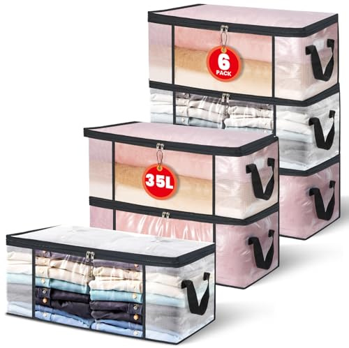 NEWSONA Lot de 6 Sacs de Rangement 35L Sous Le Lit Organiseur Pour Vêtements, Couvertures & Linge de Lit – Rangement Pliable Pour Armoire Avec Fenêtre Transparente & Poignées, 50×36×21 cm