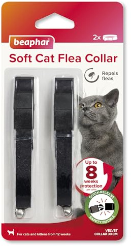 Beaphar – Soft Flea Collar for Cats – Twin Pack - Repels Fleas For up to 8 Weeks – Adjustable Fit With Quick Release Safety Buckle – For Cats From 12 Weeks of Age – 2 x Velvet Collar – Colour May Vary