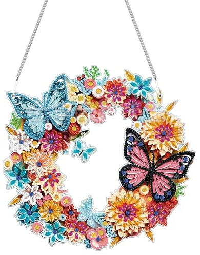 Diamantmålning, hänge, fjärilsblommor, diamantmålning, fönsterbilder, 5D, vår, diamant, kristall, hängande med kedja, pysselset, barn, vuxna, dörrkrans för fönster, vägg, entré, dekoration