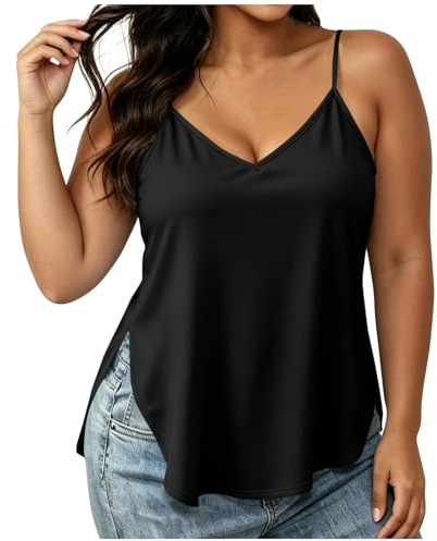 Camiseta de tirantes finos para mujer, cuello de pico, con tirantes ajustables, tallas grandes, camisola de verano, informal, sin mangas, camiseta holgada, con abertura