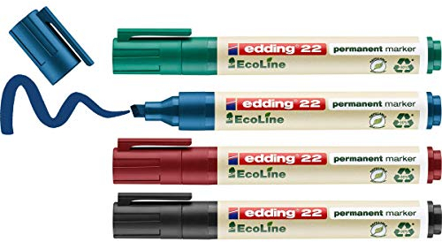 Edding 22 Ecoline Marcatore Permanente, Nero, Rosso, Blu, Verde, 4 Penne, Punta a Scalpello 1-5 Mm, per Cartone, Plastica, Vetro, Legno, Rosso Metallizzato e Tessuto