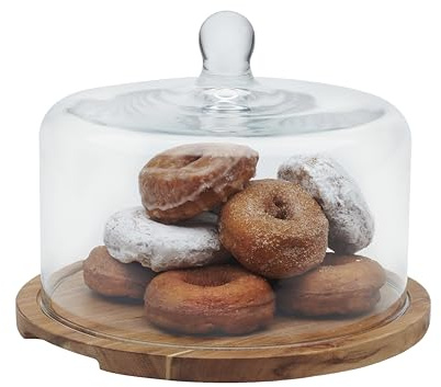 Libbey Acacia Wood Cake Stand with Lid, Ball Top Handle Cake Holder with Lid, Covered Pastry Holder, Durable Glass Dome Cover