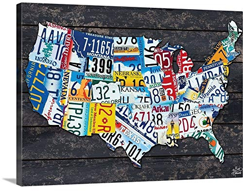 CANVAS ON DEMAND Usa License Plate Map Canvas Wall Art Print by Brittney Hallowell, Contemporary, Home Decor, America, United States Artwork,24 x18in