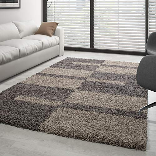 Carpettex Shaggy Flokati Tapis de salon, à poils longs, moderne, design à carreaux, 140 x 200 cm, taupe, doux et moelleux, lavable, pour chambre à coucher, cuisine, salle à manger