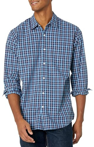 Amazon Essentials Men's Långärmad ledig poplinskjorta med normal passform, Blå Rutig, XL