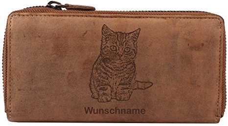 Greenburry Portemonnaie Geldbeutel Leder Geldbörse mit Motiv Einer Hauskatze Braun 19x2,5x10cm