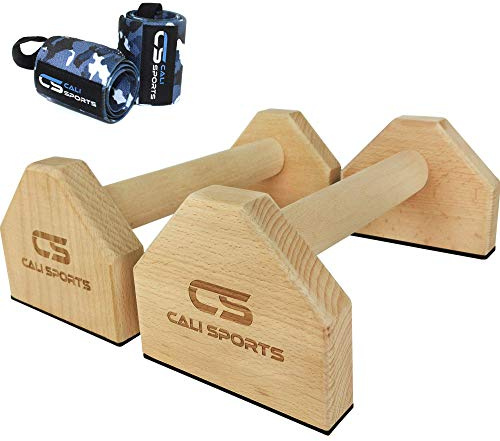 CALI SPORTS Calisthenics Wood Parallettes Bars | Push Up Bars That Will Not Slip or Wobble | Wrist Wraps Included (Small)