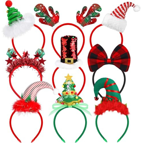 Elcoho 9 Pack Assortment Christmas Headbands New Year Party Toys Hats Costume Reindeer Santa Headbands for Xmas Holiday Party, 9 Styles