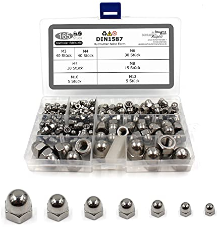 Juego de 165 tuercas de sombrerete de alta forma según DIN 1587, acero inoxidable A2 V2A, tuercas hexagonales, tamaños M3 M4 M5 M6 M8 M10 M12