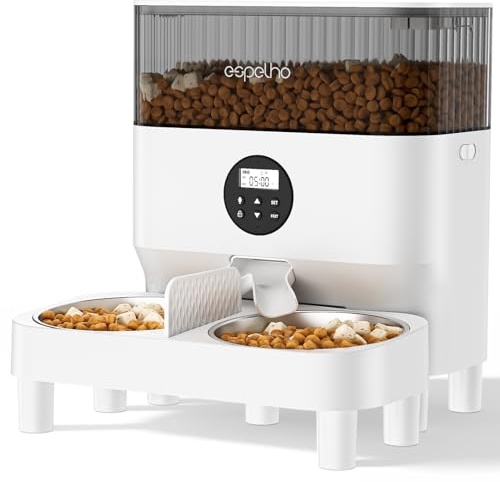 Espelho Mangeoires automatiques pour Chat, Distributeur de Nourriture temporisé de 5 l avec répartiteur à 2 Voies et 2 gamelles en Acier Inoxydable, mangeoire programmable pour Chat et Petit Chien,