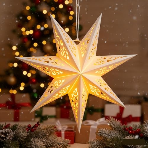 LIOOBO Paper Star Lanterns: Christmas Star Hanging Lampshade Hollow Light Cover White Paper Lanterns Pendant for Christmas Birthday Wedding Home Party 17.7 Inch/45cm