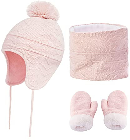 IBLUELOVER 3Pcs Ensemble Bonnet Tricoté Enfant Écharpe Gants d'hiver Cagoules Ski Chaud Tour De Cou Moufle Fille Garçon Bonnet Pompon avec Épaisse Doublure Polaire Chapeau Oreillette et Cache-Cou