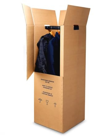 Caja Armario para Ropa con Percha - Pack de 5 Unidades, Cajas de Cartón Doble Onda para Mudanza, Armario Portátil (largo x ancho x alto): 52 x 50 x 130 cm, Servicio Entrega Mercancía Paletizada