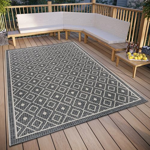 Hanse Home Lahal Outdoor Teppich Wetterfest – Modernes Geometrisches Rauten Muster, Wasserfest robuster Aussenteppich Flachgewebe für Garten, Balkon, Terrasse, Wohnzimmer – Grau Beige, 63x120cm