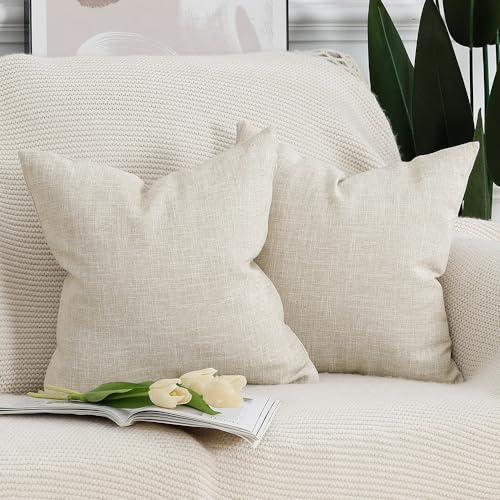 Madizz 2er Set Faux Leinen Kissenbezügen Weich Dekorative Kissenabdeckung für Sofa Schlafzimmer Kissenhülle Hellbeige 50x50 cm Quadrat