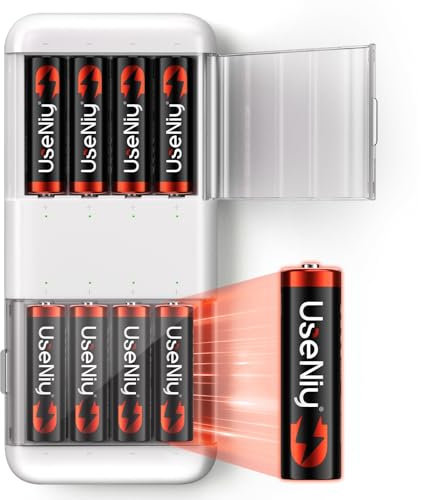 UseNiy Lithium AA Akku mit Ladegerät 8 stück, wiederaufladbare AA Batterien, 3600mWh hohe Kapazität Mignon AA Batterien, 1.5V Lithium AA Batterien und Akku Ladegerät mit Ladung-Aufbewahrung Funktion