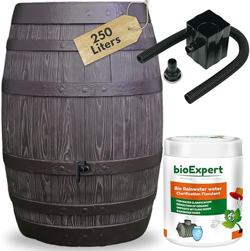 NOVECRAFTO 250L Water Butt, Brown Barrel Rainwater Collector, Garden Tank | Includes tap, diverter & bio cleaner; 93x65cm rustic oak-effect plastic body for gardens and patios