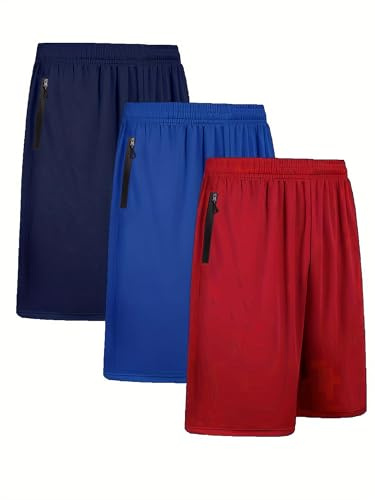 BUYJYA Lot de 3 shorts d'athlétisme pour homme, légers, pour la salle de sport, le basketball, décontractés, avec poche à glissière, cadeau, Taille M