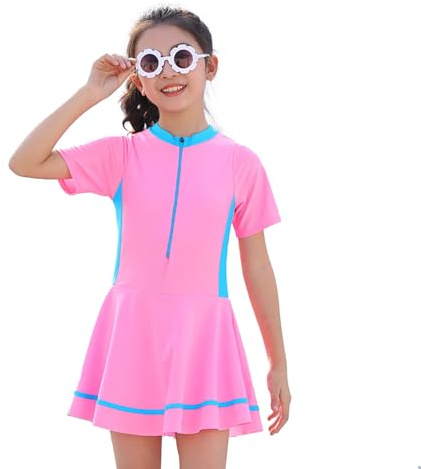 NautySaurs Traje de baño para niñas con falda, traje de baño modesto estilo escolar con pantalones cortos, traje de baño todo en uno para niñas pequeñas, Manga corta, rosa, 9-10 años