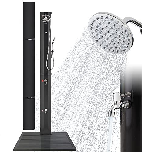 AREBOS Douche Solaire 60 L | avec douchette & thermomètre | Température de l'eau jusqu'à 60°C | Pommeau de Douche Rond | Technologie Snap-in | avec Capot & Plaque de Fond en Anthracite