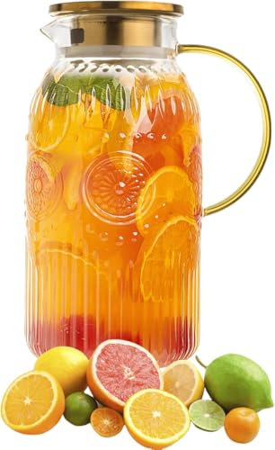 Amzcku Glass Pitcher with Lid, 68 oz/ 2 Liter Vintage Water Pitcher,Glass Water Carafe for Cold Brew, Coffee, Lemonade, Iced Tea,Beverage, Heat Resistant Water Glass Jug 1Pack