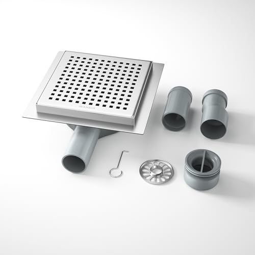 Bernkot Duschrinne Quadrat Edelstahl, 15×15cm Bodenablauf Dusche mit 360° Siphon Geruchsstop und Haarfilter,2 Ablaufadapter DN50 DN40 Duschablauf Flach Ablaufrinne, Silber